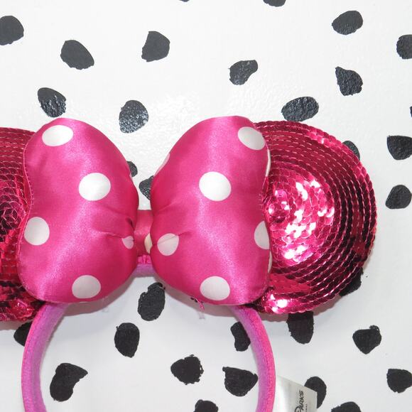 Disney Parks Hot Pink Sequin Polka Dot Bow Minnie Mouse Ears Headband - Picture 2 of 3